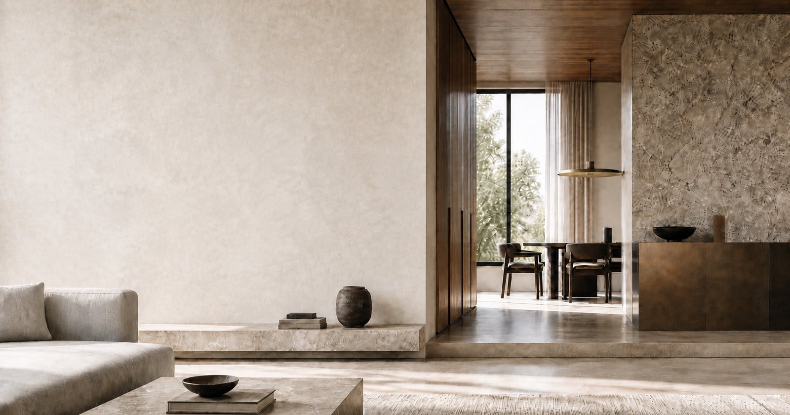 Intérieur contemporain associant enduit minéral, pierre, métal et bois